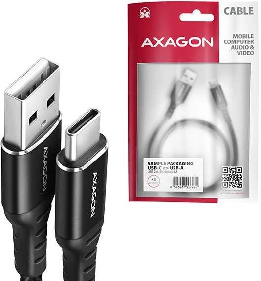 Axagon Data and charging USB 2.0 kabelio ilgis 1 m. 3A. Juodas braided.