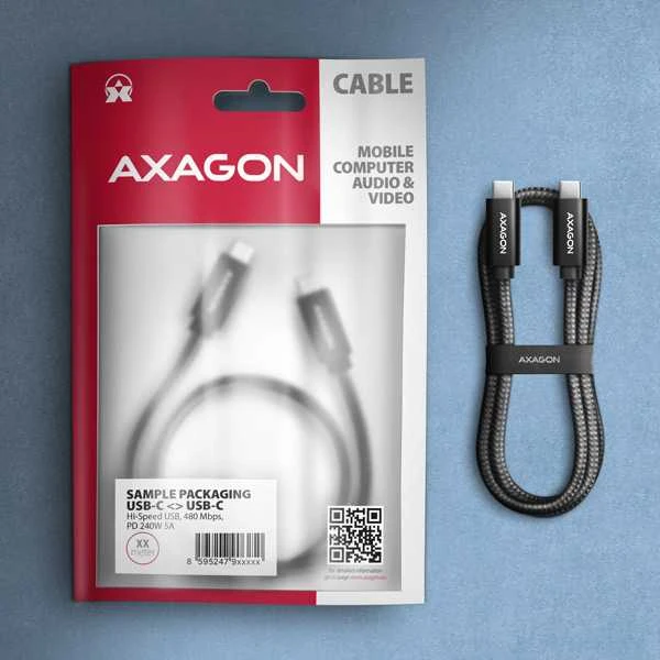 Axagon Data and charging USB 480Mbps kabelio ilgis 2.5 m. PD 240W, 5A. Juodas braided.