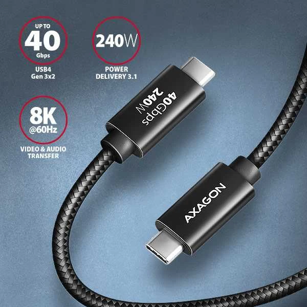 AXAGON | „NewGEN+“ USB-C į USB-C 4 kartos 3×2/240 W laidas, 0,5 m | BUCM4X-CM05AB