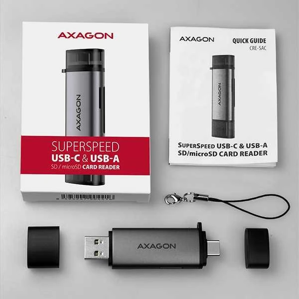 AXAGON CRE-SAC išorinis USB 3.2 Gen1 Type-C+Type-A 2 lizdų SD / Micro SD