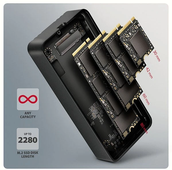 „AXAGON“ USB-C 40 Gbps išorinis korpusas, skirtas M.2 NVMe SSD | EEM2-40G