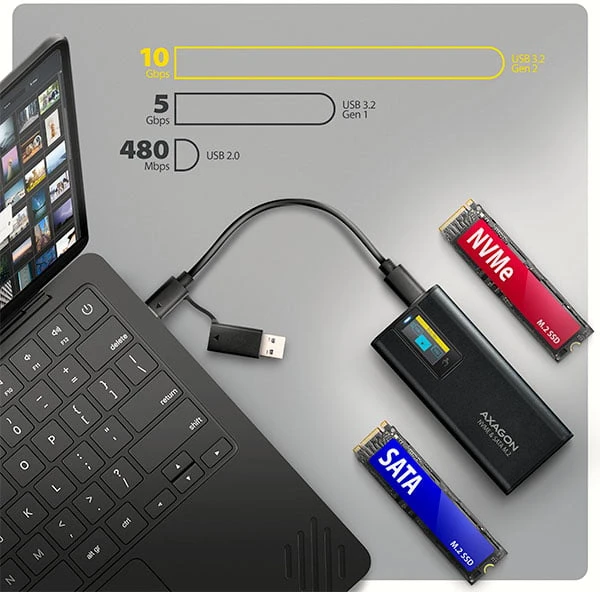 „Axagon EEM2-SD2B USB-C 10Gbps-M.2 NVMe ir SATA SSD“ ekrano dėžutė