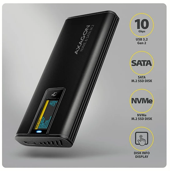 „Axagon EEM2-SD2B USB-C 10Gbps-M.2 NVMe ir SATA SSD“ ekrano dėžutė
