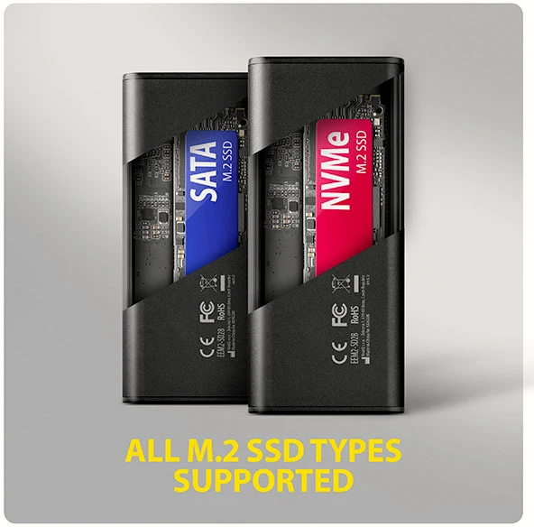 „Axagon EEM2-SD2B USB-C 10Gbps-M.2 NVMe ir SATA SSD“ ekrano dėžutė