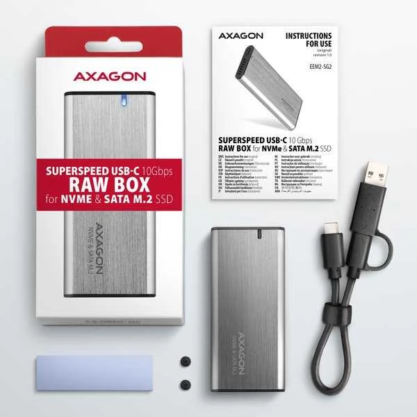 AXAGON išorinė USB-C 3.2 Gen 2 metalinė dėžutė M.2 NVMe ir SATA SSD diskams | EEM2-SG2