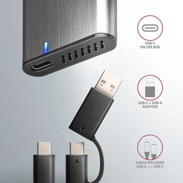 AXAGON išorinė USB-C 3.2 Gen 2 metalinė dėžutė M.2 NVMe ir SATA SSD diskams | EEM2-SG2