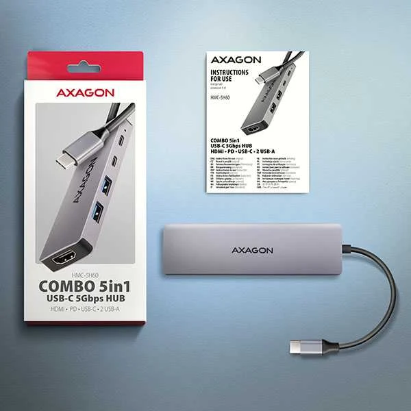 AXAGON HMC-5H60 USB-C 3.2 Gen 1 šakotuvas, 2 x USB-A, 1 x USB-C, 4K 60 Hz HDMI, PD 100 W, 15 cm USB-C laidas