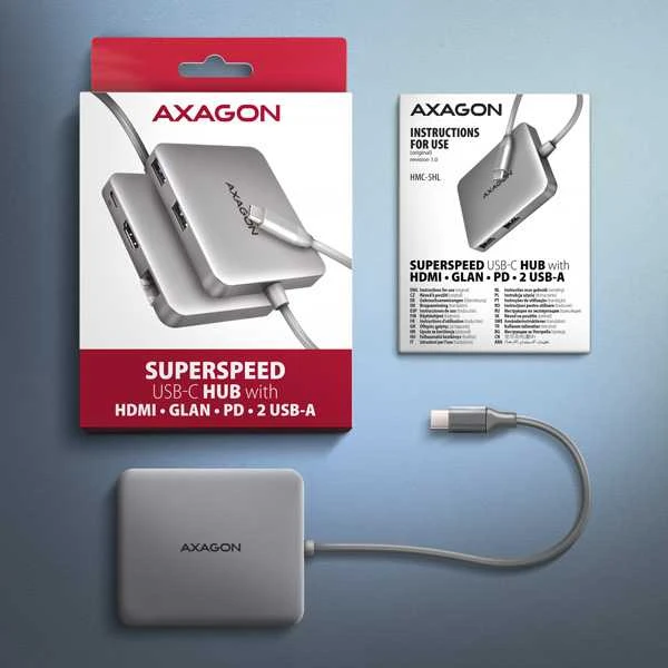 AXAGON HMC-5HL USB 5Gbps šakotuvas, 2x USB-A, HDMI 4k/60Hz, RJ-45, PD 100W, 20c
