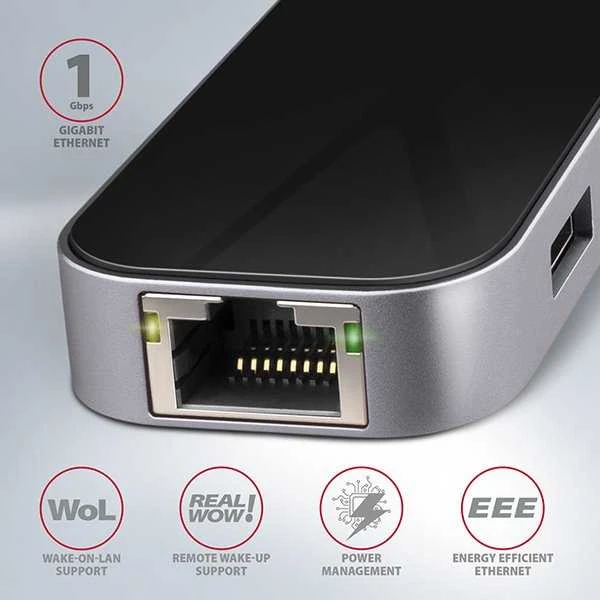 Axagon Multiport USB 3.2 Gen 1 šakotuvas. HDMI, Gigabit LAN ir maitinimo tiekimas. 20 cm USB-C laidas.