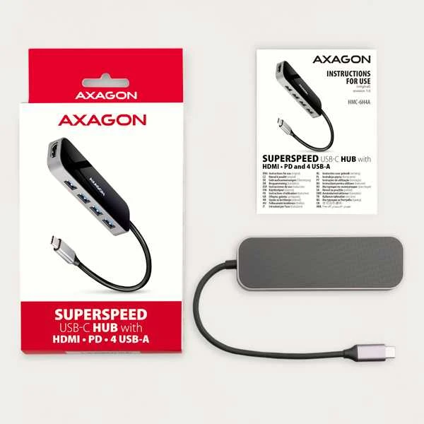 Axagon kelių prievadų USB 3.2 Gen 1 šakotuvas. HDMI, keturi USB-A išėjimai ir maitinimo tiekimas. Kabelis USB-C 20cm.
