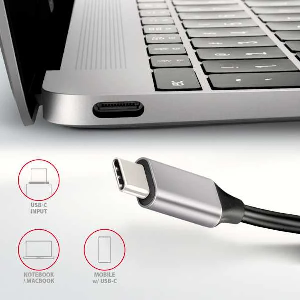 Axagon kelių prievadų USB 3.2 Gen 1 šakotuvas. HDMI, keturi USB-A išėjimai ir maitinimo tiekimas. Kabelis USB-C 20cm.