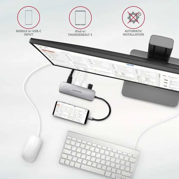 Axagon kelių prievadų USB 3.2 Gen 1 šakotuvas. HDMI, kortelių skaitytuvas ir trys USB-A išėjimai. USB-C laidas 20 cm.