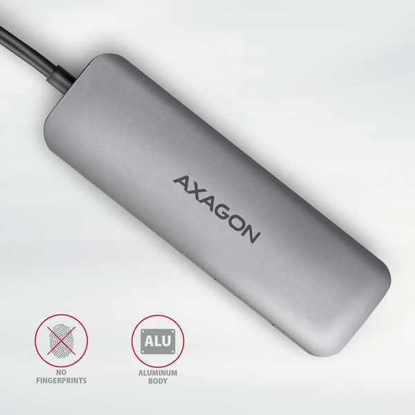 Axagon kelių prievadų USB 3.2 Gen 1 šakotuvas. HDMI, kortelių skaitytuvas ir trys USB-A išėjimai. USB-C laidas 20 cm.
