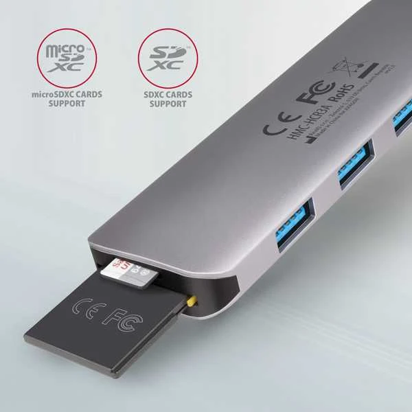 Axagon kelių prievadų USB 3.2 Gen 1 šakotuvas. HDMI, kortelių skaitytuvas ir trys USB-A išėjimai. USB-C laidas 20 cm.