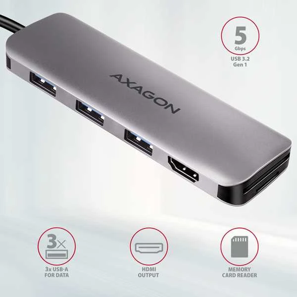 Axagon kelių prievadų USB 3.2 Gen 1 šakotuvas. HDMI, kortelių skaitytuvas ir trys USB-A išėjimai. USB-C laidas 20 cm.