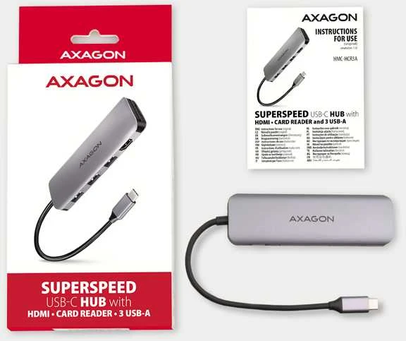 Axagon kelių prievadų USB 3.2 Gen 1 šakotuvas. HDMI, kortelių skaitytuvas ir trys USB-A išėjimai. USB-C laidas 20 cm.
