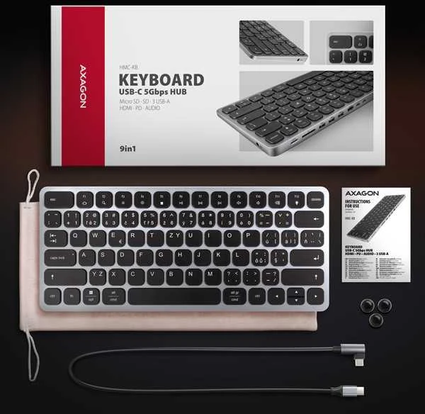 „Axagon HMC-KB-GE USB-C 5Gbps“ klaviatūra (DE) 9in1 šakotuvas