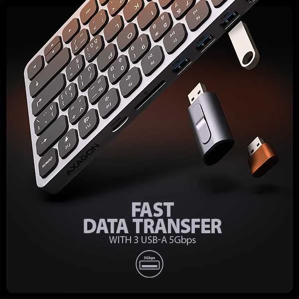 „Axagon HMC-KB-GE USB-C 5Gbps“ klaviatūra (DE) 9in1 šakotuvas