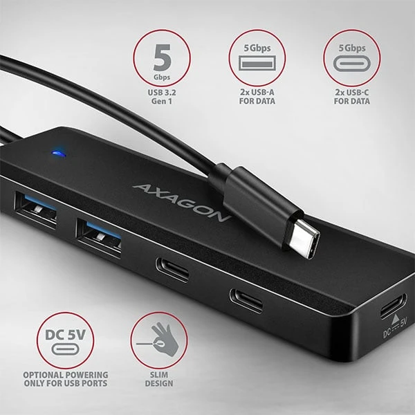 „AXAGON HUE-C2C“ 2x USB3.2 Gen 1 + 2x USB-C 5Gbps kelioninis šakotuvas, USB-C maitinimo įvestis, su 19 cm C tipo laidu