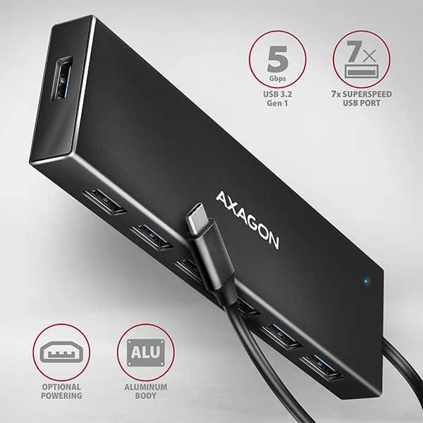 „Axagon“ septynių prievadų USB 3.2 Gen 1 šakotuvas su įkrovimo palaikymu. Jungtis išoriniam maitinimo šaltiniui. USB-C laidas 30 cm.