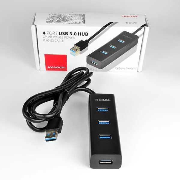 AXAGON HUE-S2BL 4x USB3.0 įkrovimo šakotuvas 1,2 m laidas, MicroUSB įkrovimas