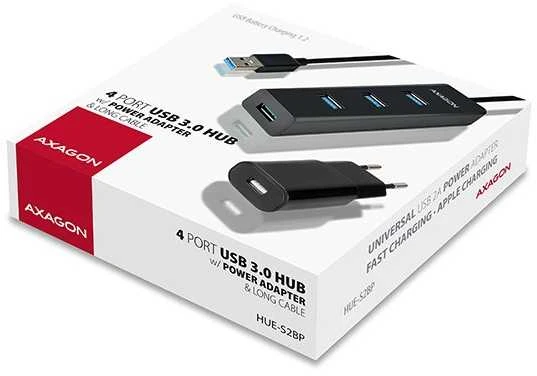AXAGON HUE-S2BP 4x USB3.0 įkrovimo šakotuvas 1,2 m laidas, MicroUSB įkrovimas, įsk. kintamosios srovės adapteris