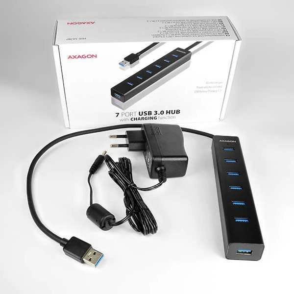 AXAGON HUE-SA7BP 7x USB3.0 ALU įkrovimo šakutė, įsk. AC Adapteris, Juodas