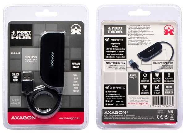 Axagon Handy keturių prievadų USB 2.0 šakotuvas su nuolat prijungtu USB kabeliu. Juodas.