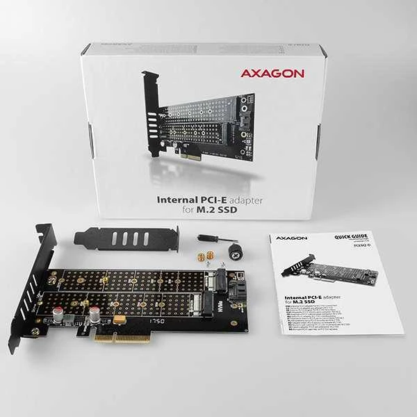 AXAGON PCEM2-D PCI-E 3.0 4x - DUAL M.2 SSD (NVMe + SATA), dual voltage, iki 110mm SSD