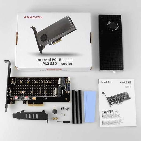 AXAGON PCEM2-DC PCI-E 3.0 4x - DUAL M.2 SSD (NVMe + SATA), dviguba įtampa, iki 110 mm SSD, ventiliatorius + radiatorius