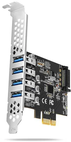 Axagon PCI-Express kortelė su keturiais išoriniais USB 3.2 Gen1 jungtys su dviguba galia. Renesas mikroschemų rinkinys. Standartinis ir žemas profilis.