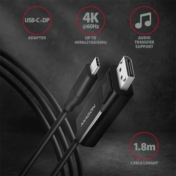 AXAGON Aktyvus kabelis | USB-C prie DisplayPort | 1,8 m