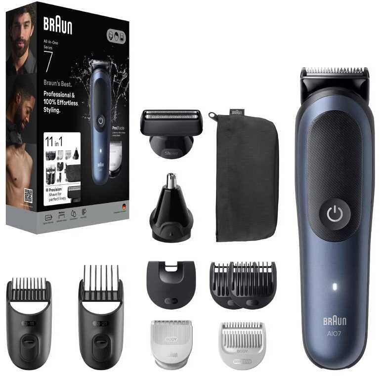 Braun 11in1 priežiūros rinkinys | Viskas viename, 7 serija, AIO7540 | Belaidis | Ilgio pakopų skaičius: 14 | Juodas/Mėlyna