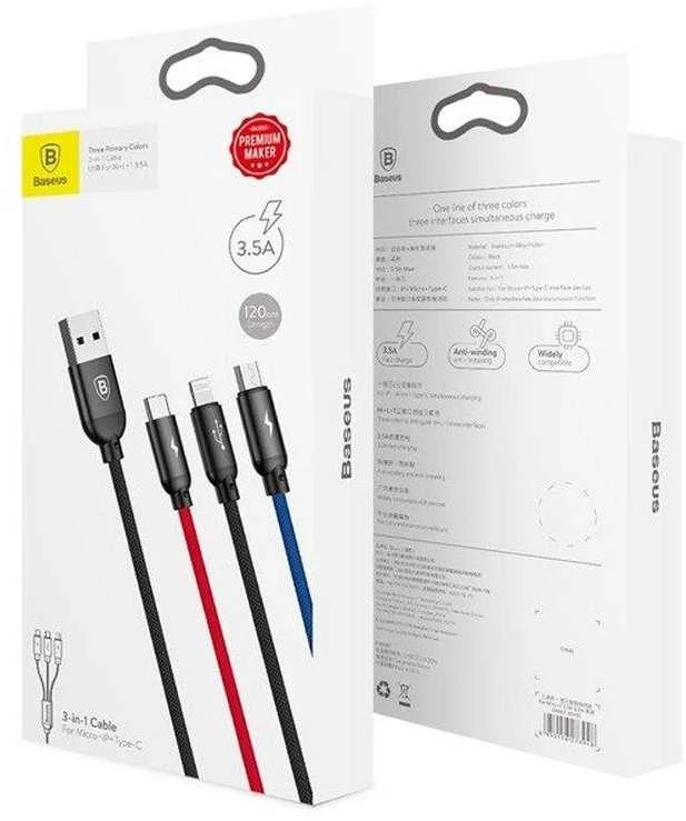 Kabelis Baseus USB2.0 A kištukas ir 3 kištukai (USB C, micro USB, lightning)