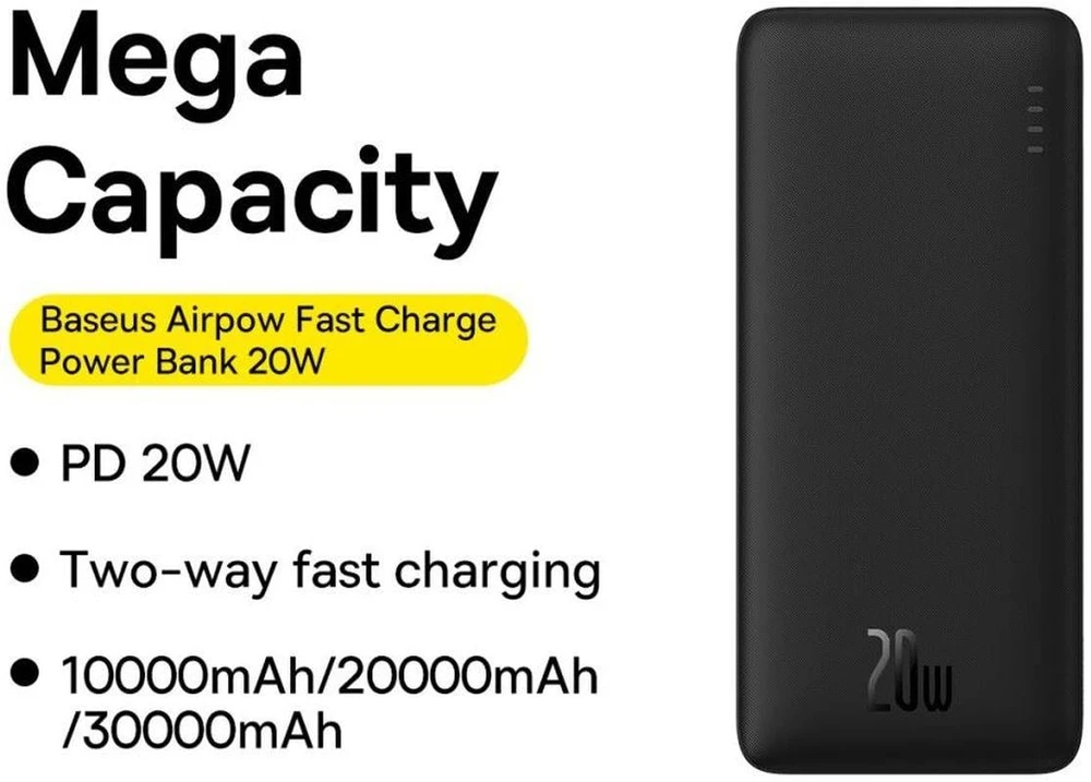 „Baseus Airpow“ greitojo įkrovimo ausinės, 20 W, 30000 mAh, juodas