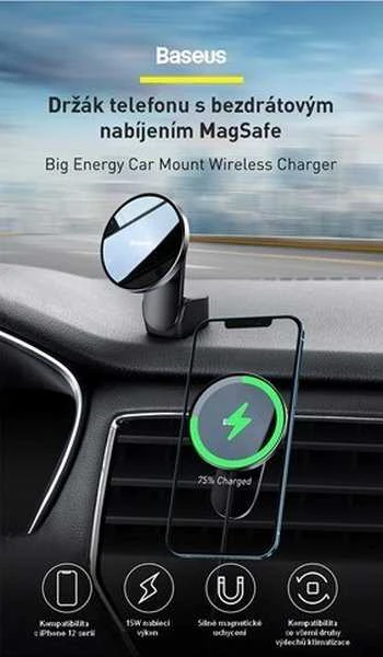 Baseus Automobilinis magnetinis laikiklis iPhone telefonams su belaidžiu įkrovimu 15W