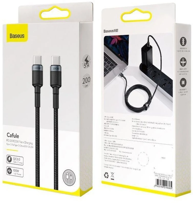 Baseus Cafule PD2.0 100W greito įkrovimo USB-C kabelis 20V 5A 2m - Pilkas / Juodas