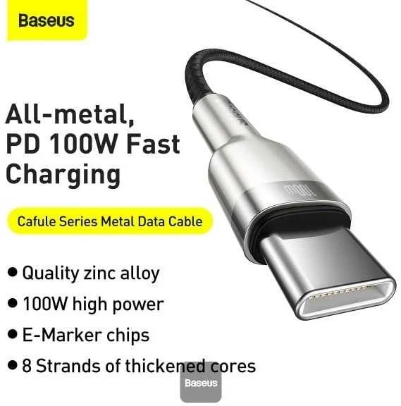 Kabelis USB C - USB C 2m 100W juodas Cafule Metal BASEUS