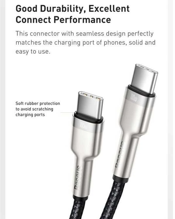 Kabelis USB C - USB C 2m 100W juodas Cafule Metal BASEUS