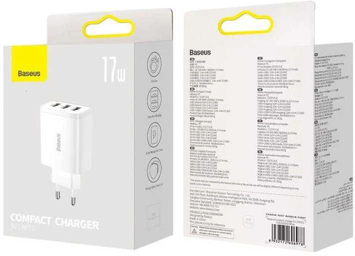 Baseus kompaktiškas greitas įkroviklis, 3x USB, 17W - baltas