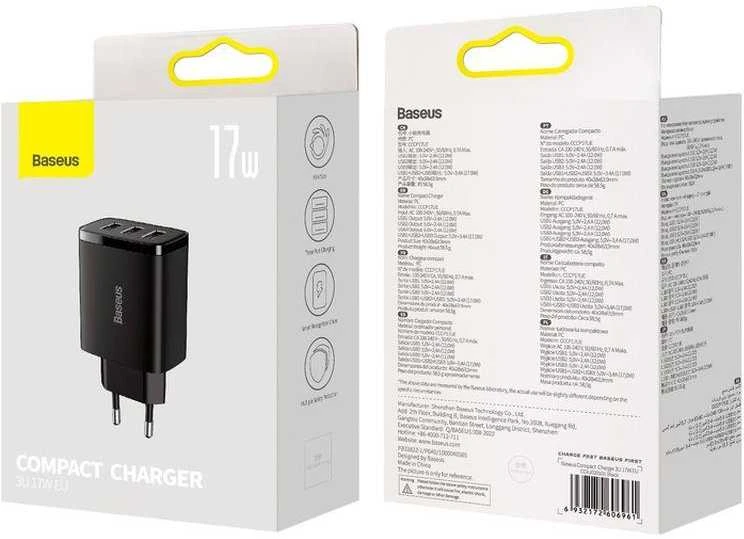 Baseus Sieninis įkroviklis 17W 3xUSB 3.4A, juodas