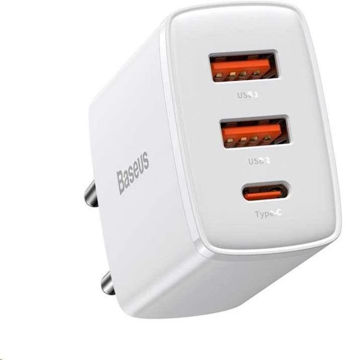 Baseus Sieninis įkroviklis 30W 2xUSB + USB-C QC3.0 PD3.0, baltas