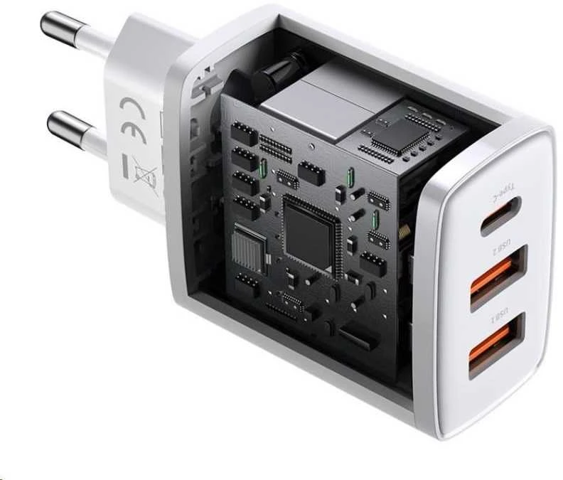 Baseus Sieninis įkroviklis 30W 2xUSB + USB-C QC3.0 PD3.0, baltas
