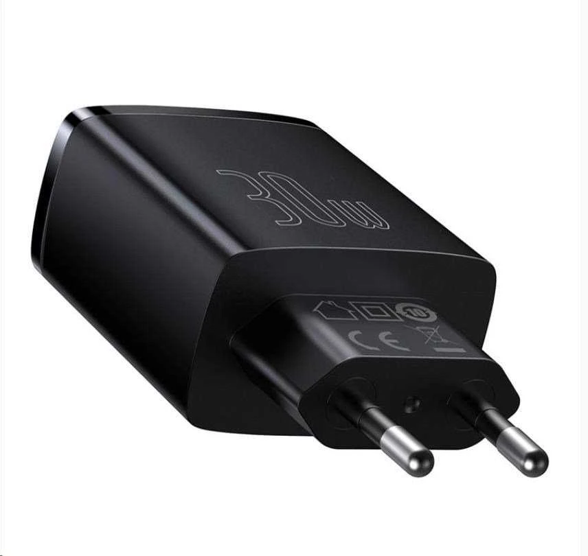 Baseus Sieninis įkroviklis 30W 2xUSB + USB-C QC3.0 PD3.0, juodas