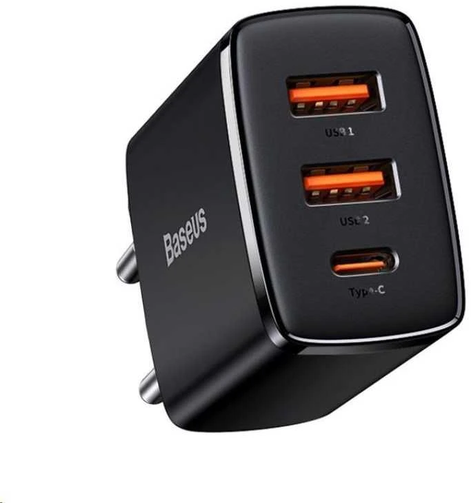 Baseus Sieninis įkroviklis 30W 2xUSB + USB-C QC3.0 PD3.0, juodas