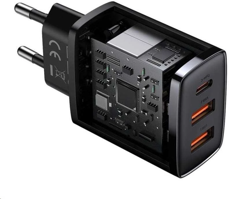 Baseus Sieninis įkroviklis 30W 2xUSB + USB-C QC3.0 PD3.0, juodas