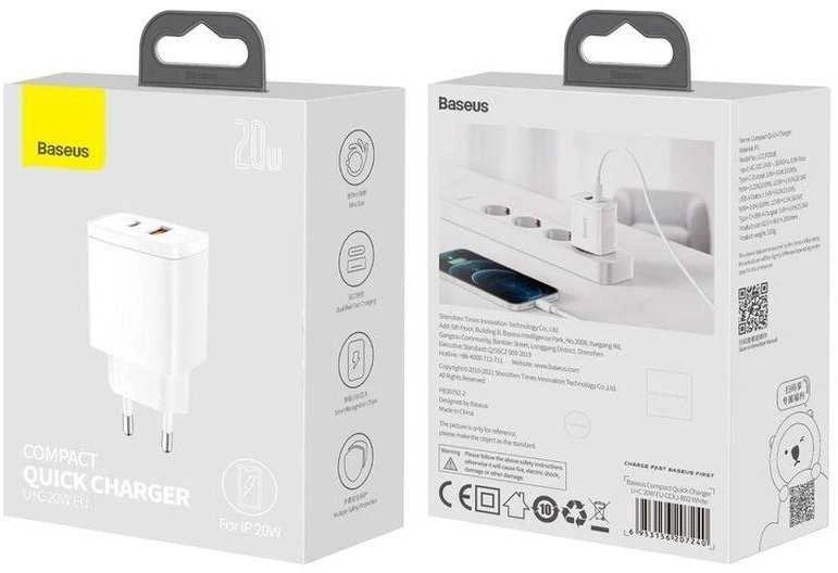 Įkroviklis Baseus Compact Quick Charger 20W USB-C/USB-A baltas CCXJ-B02