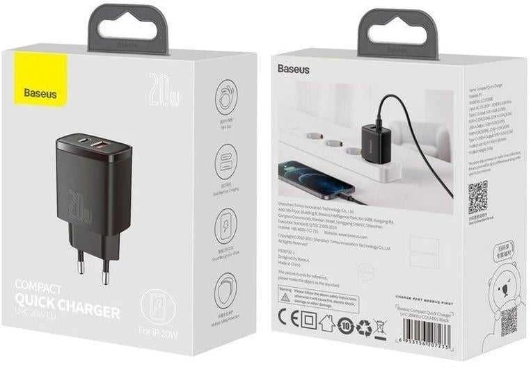 Baseus Kompaktiškas sieninis greitasis įkroviklis USB-C 20W, Juodos spalvos (CCXJ-B01)