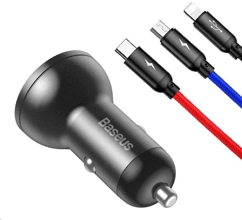Baseus automobilinis įkroviklis 24W su 3-in-1 USB kabeliu 1.2m