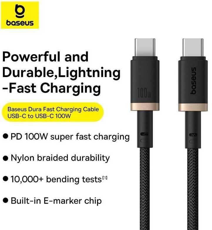 Baseus Dura Type C iki Type C 100 W greito įkrovimo laidas 1 m Juodas, Gold